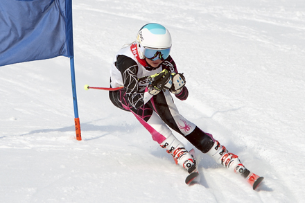 A skiier passes her first gate in the Giant Slalom event at the TDSSAA City Championships.