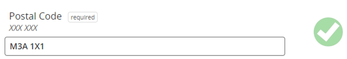 Postal Code field entered value "M3A 1X1", showing a valid format.