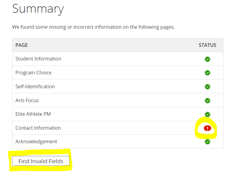 Application summary showing one error on the Contact Information page, with a Find Invalid Fields button below the status table.
