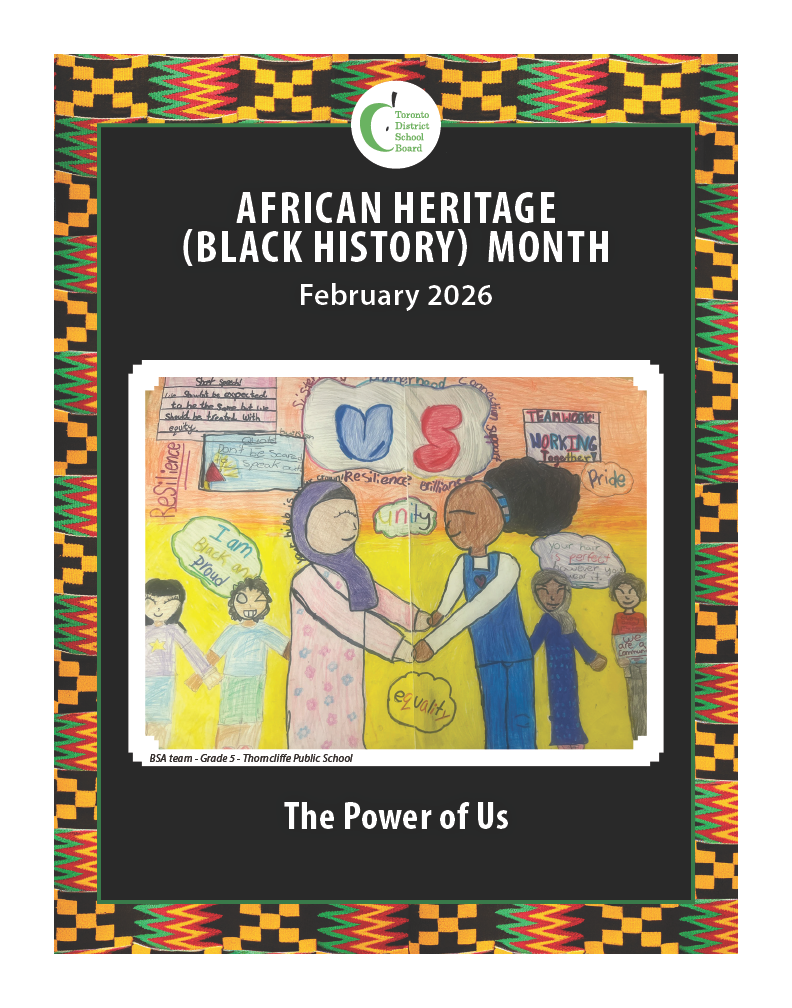 A colourful drawing of students holding hands in front of a bright yellow background. Surrounding them are words such as “unity,” “equality,” “teamwork,” “pride,” and “brilliance,” along with speech bubbles and decorative elements like hearts, stars, and banners.