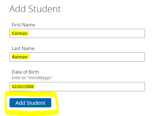 Add Student webpage, with textboxes for First Name, Last Name, Date of Birth, and a "Add Student" button at the bottom.