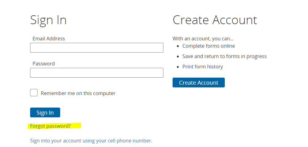 A webpage with the Sign In option on the left and Create Account option on the right. Below the Sign In button, the "Forgot password?" link is highlighted. 