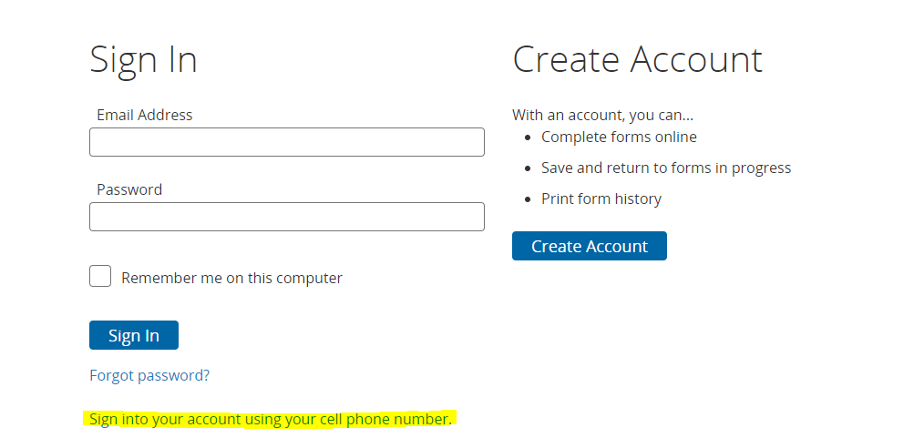tA webpage with the Sign In option on the left and Create Account option on the right. Below the Sign In button, The link "Sign into your account using your cell phone number." is highlighted.