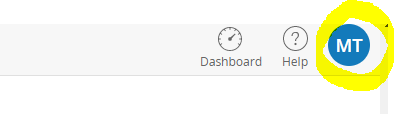 User profile icon with the initials, highlighted in the top-right corner of the page beside the Dashboard and Help icons.