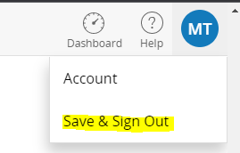 After clicking the profile icon, a dropdown with the links of "Account" and "Save & Sign out" highlighted.