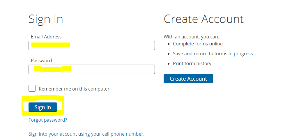 A webpage with the Sign In option on the left and Create Account option on the right. Returning users shall enter their account details and click the sign in button.