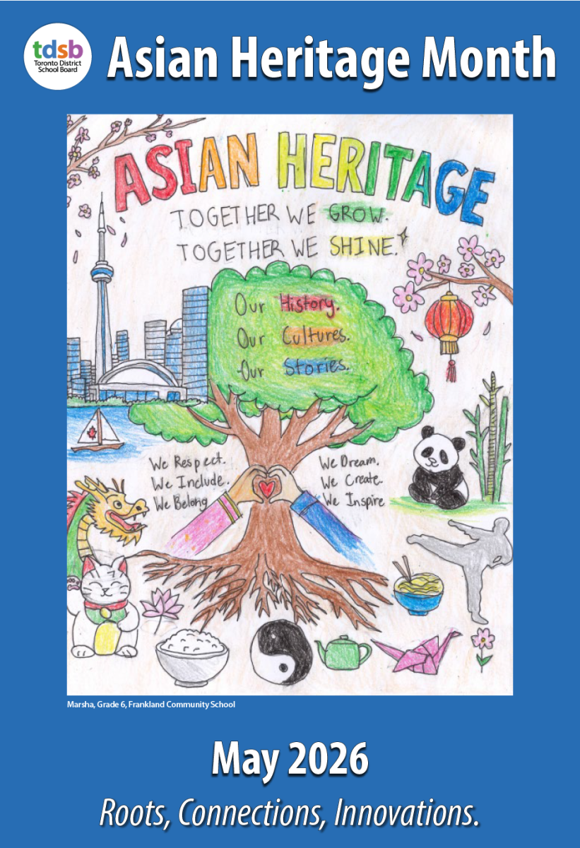 Illustrated poster for Asian Heritage Month featuring the text “Asian Heritage Month” and “May 2026” with the theme “Roots, Connections, Innovations.” The artwork centres on a large tree with visible roots and a green canopy containing the words “Our History, Our Cultures, Our Stories.” Above the tree, text reads “Together we grow. Together we shine.” Surrounding the tree are drawings of hands forming a heart, a city skyline, a lantern, a panda, a dragon, a bowl of rice, a teapot, a lotus flower, and a yin-yang symbol. The illustration uses hand‑drawn lines and bright colours.
