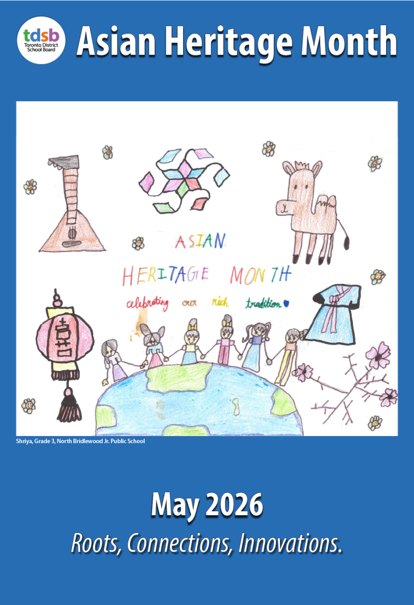 Hand‑drawn poster for Asian Heritage Month featuring the text “Asian Heritage Month,” “May 2026,” and the theme “Roots, Connections, Innovations.” The artwork shows children holding hands while standing on the Earth. Surrounding the globe are drawings representing Asian cultures, including a lantern, a traditional stringed instrument, traditional clothing, a camel, flowers, and decorative patterns. The phrase “celebrating our rich tradition” appears across the centre. The illustration uses soft pencil lines and bright colours.