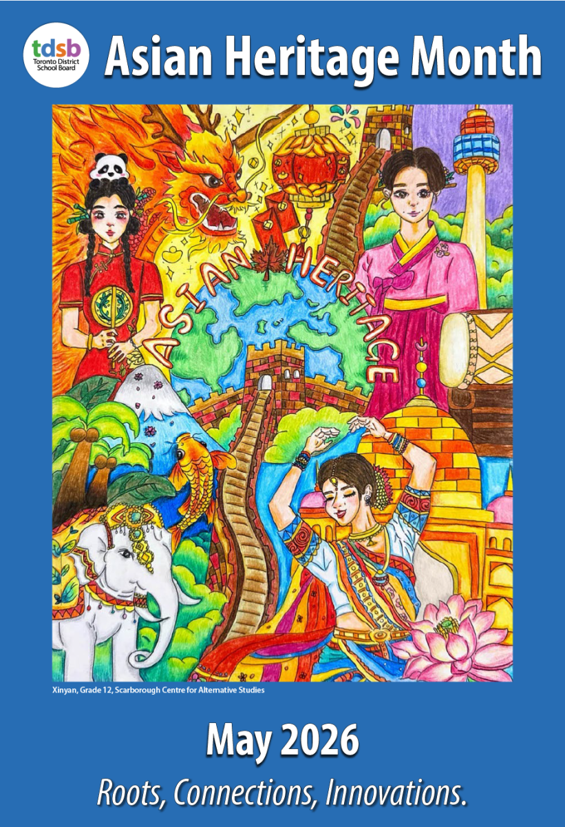 Illustrated poster for Asian Heritage Month featuring the text “Asian Heritage Month” and “May 2026” with the theme “Roots, Connections, Innovations.” The artwork shows a colourful globe at the centre with a winding stone wall around it. Surrounding the globe are detailed drawings representing Asian cultures, including a dragon, lanterns, traditional clothing, a dancer, a panda, a fish, an elephant, and landmarks. The illustration is vibrant and highly detailed, with bold, warm colours throughout.