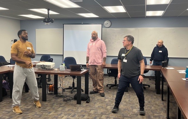 (left to right) Daniel Beard, social worker; Aubrey Noronha, mental health speaker; and Richard Filler, TDSB social worker, lead a discussion with TDSB students about inclusivity, connectedness and mental health.