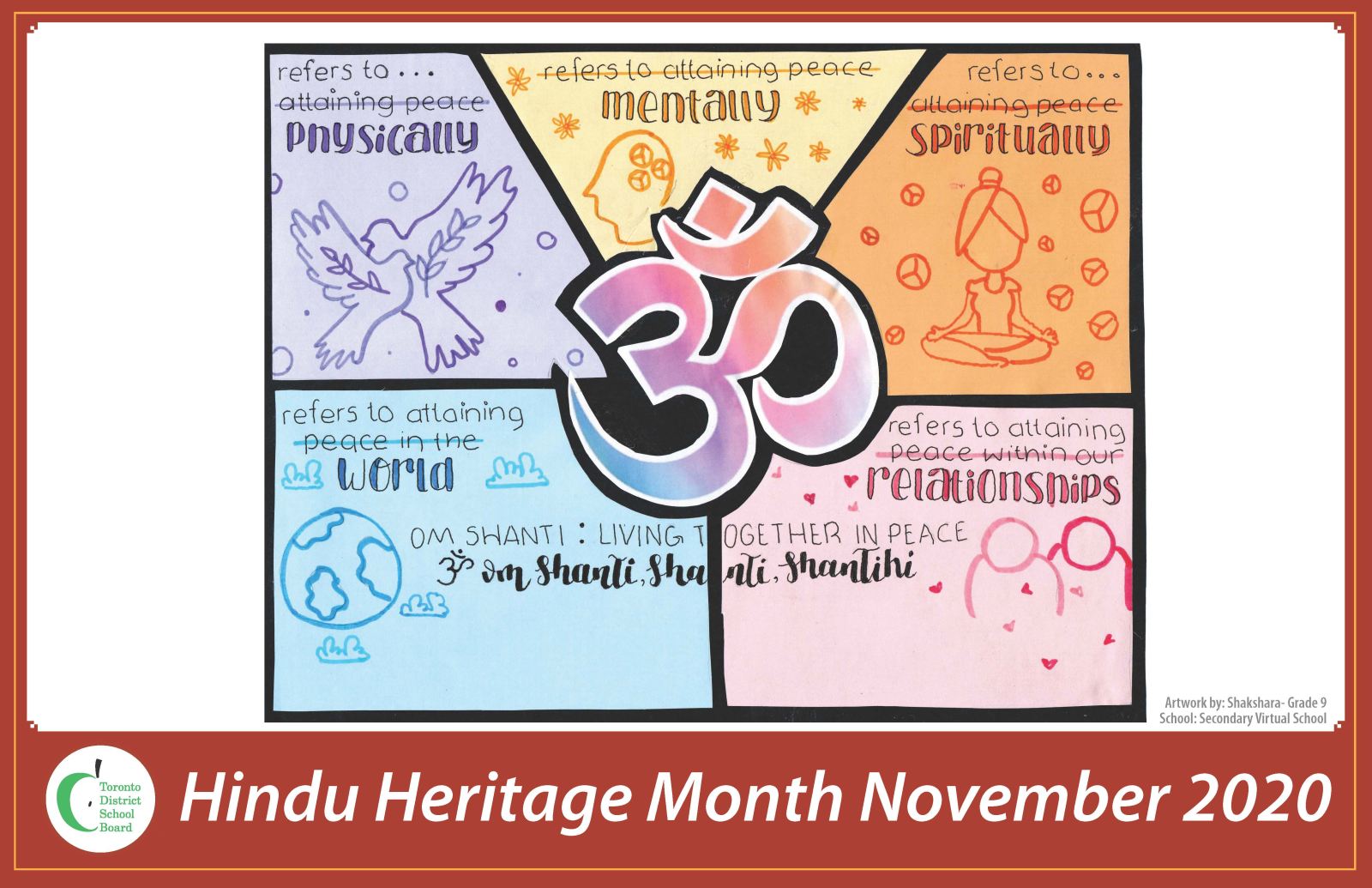 A Hindu Heritage Month poster designed by a Grade 9 student in the Virtual School shows five aspects of living together in peace.
