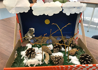 Grade 6 student’s nature unit created with pine cones, pizza box and sticks.