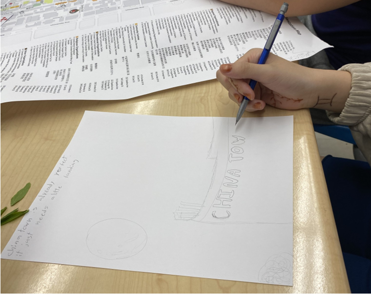 Image 3: A piece of paper sits on a desk with a student’s hand seen drawing a Chinatown sign.