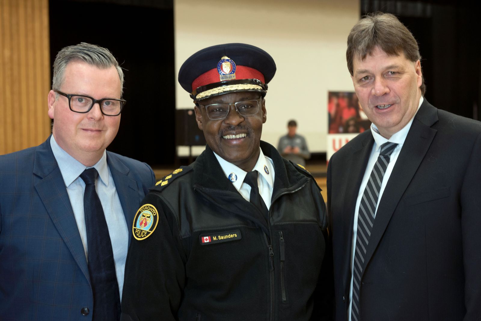 From left to right (TDSB Executive Superintendent Brendan Browne, Toronto Police Chief Mark Saunders, Trustee MacLean)