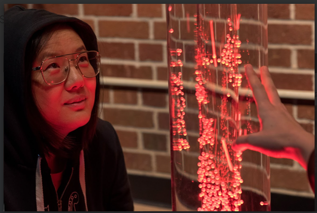 A person looking and another person touching a bubble tube with red lights in the calming sensory room at TDSB's planning for adulthood for students with disabilities transition fair