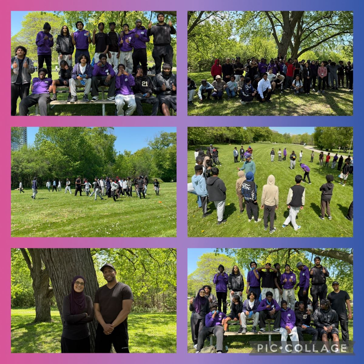 Collage of a variety of photos from the group's final day at the park with incoming grade 9 students.