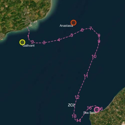 A satellite map shows a pink dashed line marking a swimming route across open water, numbered from 1 to 16. The route begins near Gallivanton the left side of the map, moves outward past Anastasia , and curves toward the right side, passing ZC2, before finishing near Sea Satin on the coast. The path gradually arcs in a U-shape from Gallivant to Sea Satin.