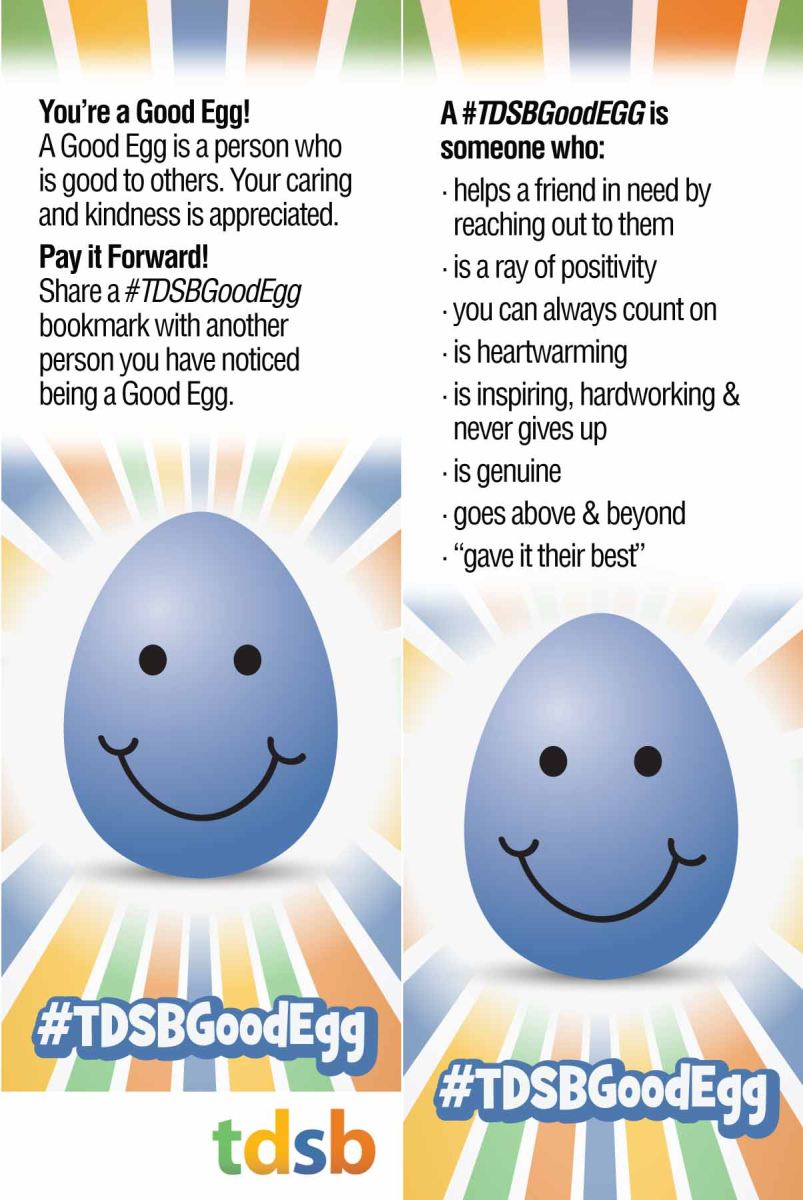 Image of bookmark with smiling blue egg and explanation of what a good egg is