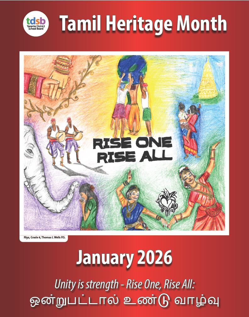 A hand-drawn scene of a rural Tamil village with people working together. The image shows individuals carrying baskets, stacking hay, and engaging in community activities under a bright sun with green trees in the background. At the bottom, a traditional Pongal pot is placed under an arch, surrounded by smaller pots and decorative items. Text within the drawing reads “UNITY IS STRENGTH” and “RISE ONE, RISE ALL.” The poster includes the Tamil Heritage Month title and theme: “Unity is strength – Rise One, Rise All: ஒன்றுபட்டால் உண்டு வாழ்வு” and “January 2026” at the bottom.