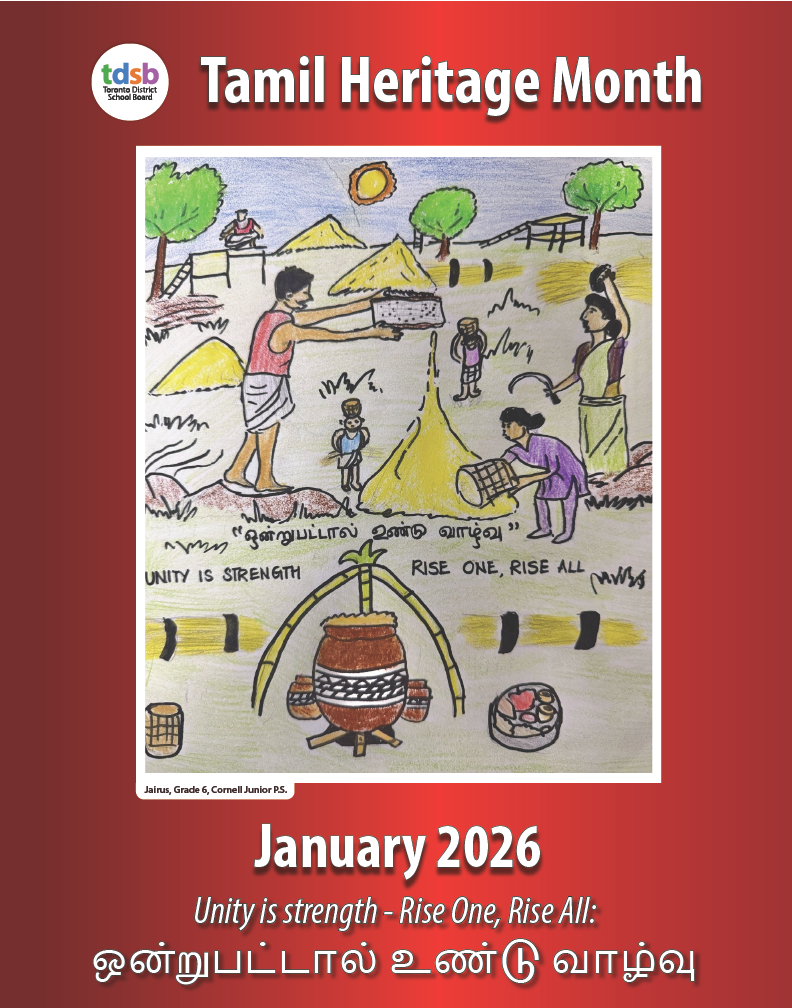 A vibrant illustration showing Tamil cultural elements. The center features the phrase “RISE ONE RISE ALL” in bold black letters. The artwork includes people in traditional attire performing dance, playing drums, and lifting a globe together. Decorative patterns, temple architecture, and cultural motifs appear in the background with bright colors like orange, green, blue, and purple. The poster is framed with the Tamil Heritage Month title and theme: “Unity is strength – Rise One, Rise All: ஒன்றுபட்டால் உண்டு வாழ்வு” and “January 2026” at the bottom.