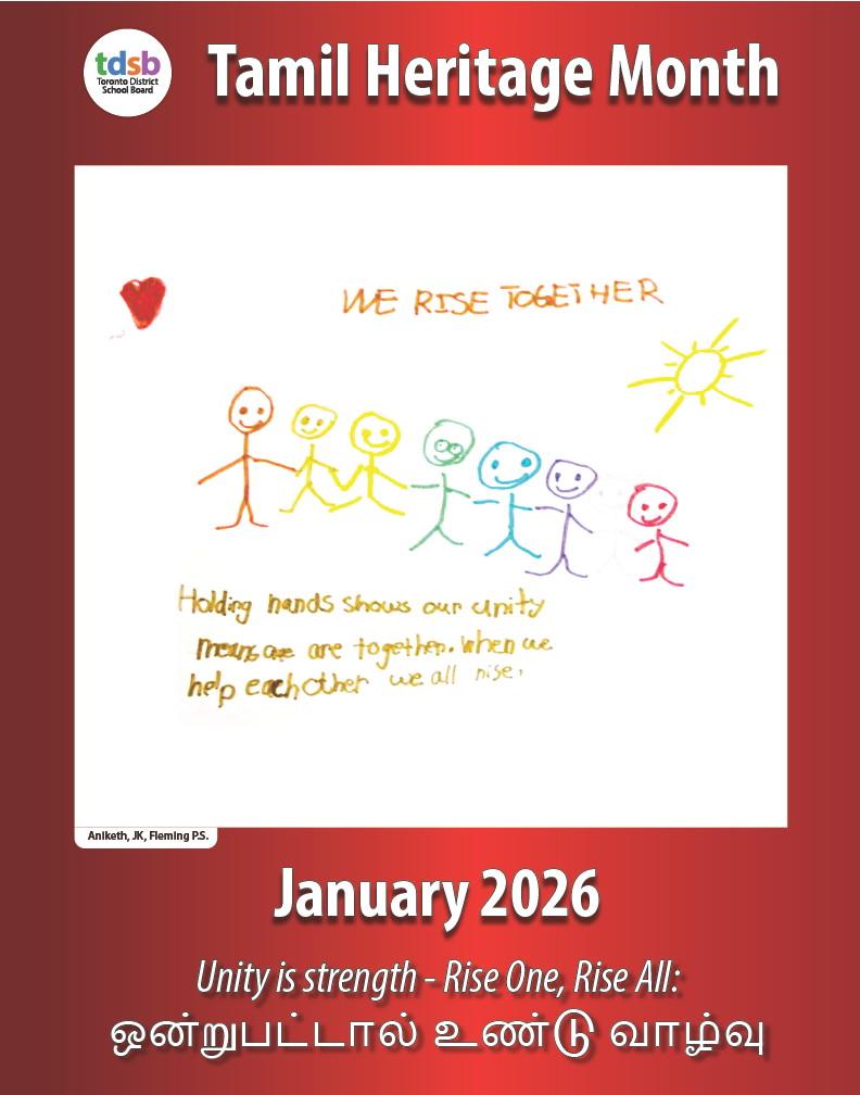 A child’s colorful drawing featuring seven stick figures holding hands in a row, each drawn in different colors. Above them, the text reads “WE RISE TOGETHER” in orange. A yellow sun is drawn in the top right corner, and a red heart is on the left. Below the figures, handwritten text says: “Holding hands shows our unity means we are together. When we help each other we all rise.” The background is white, and the poster includes the Tamil Heritage Month title and theme: “Unity is strength – Rise One, Rise All: ஒன்றுபட்டால் உண்டு வாழ்வு” with “January 2026” at the bottom.