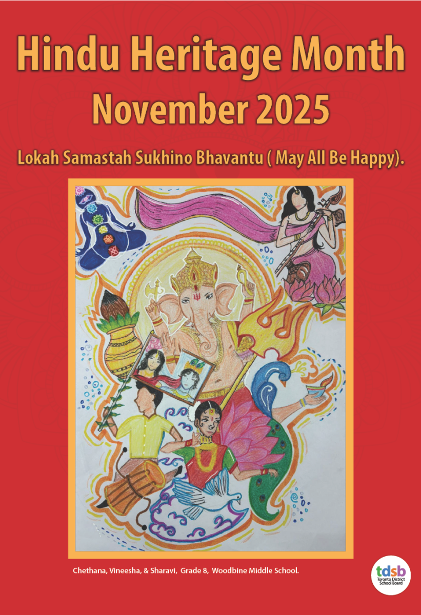 Poster for Hindu Heritage Month November 2025 with the theme “Lokah Samastah Sukhino Bhavantu (May All Be Happy).” The student artwork depicts Lord Ganesha in the center, surrounded by musical instruments, dancers, and decorative patterns. Bright colors such as orange, pink, blue, and green dominate the design, with flowing ribbons and traditional motifs framing the composition.
