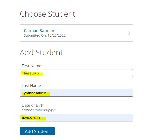 Student selection and registration form showing an existing student, Catman Batman, and fields to add a new student with first name, last name, and date of birth, plus an Add Student button.