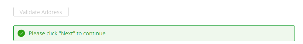 Validate Address button is selected and a successful message in green stating "Please click 'next' to continue."