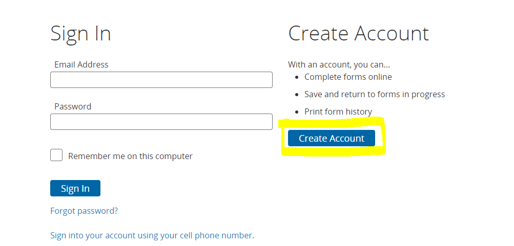 A webpage with the Sign In option on the left and Create Account option on the right. The Create Account button on the right is highlighted.