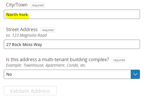 City/Town filed has a highlighted value of North York.