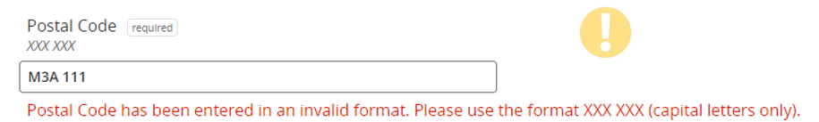 Postal Code field entered value "M3A 111", showing an invalid format error.