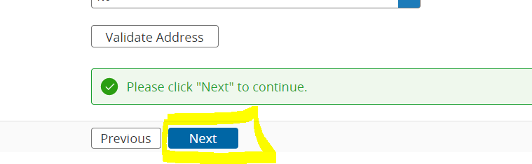 After resolving the address issue, the webpage shows a Previous and a Next button at the bottom.