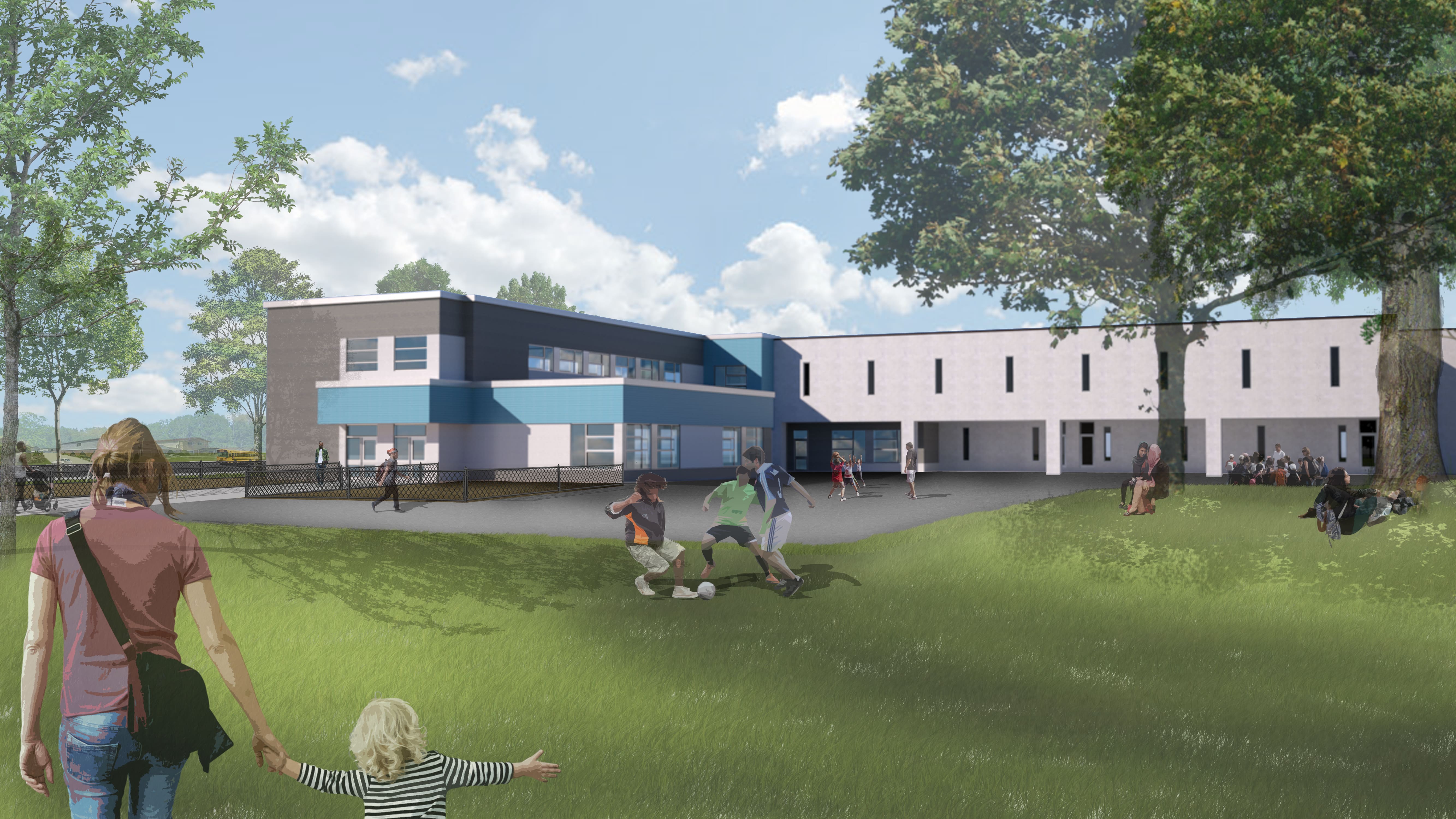 Exterior rendering depicting the classroom & childcare addition looking from the courtyard. Open Gallery