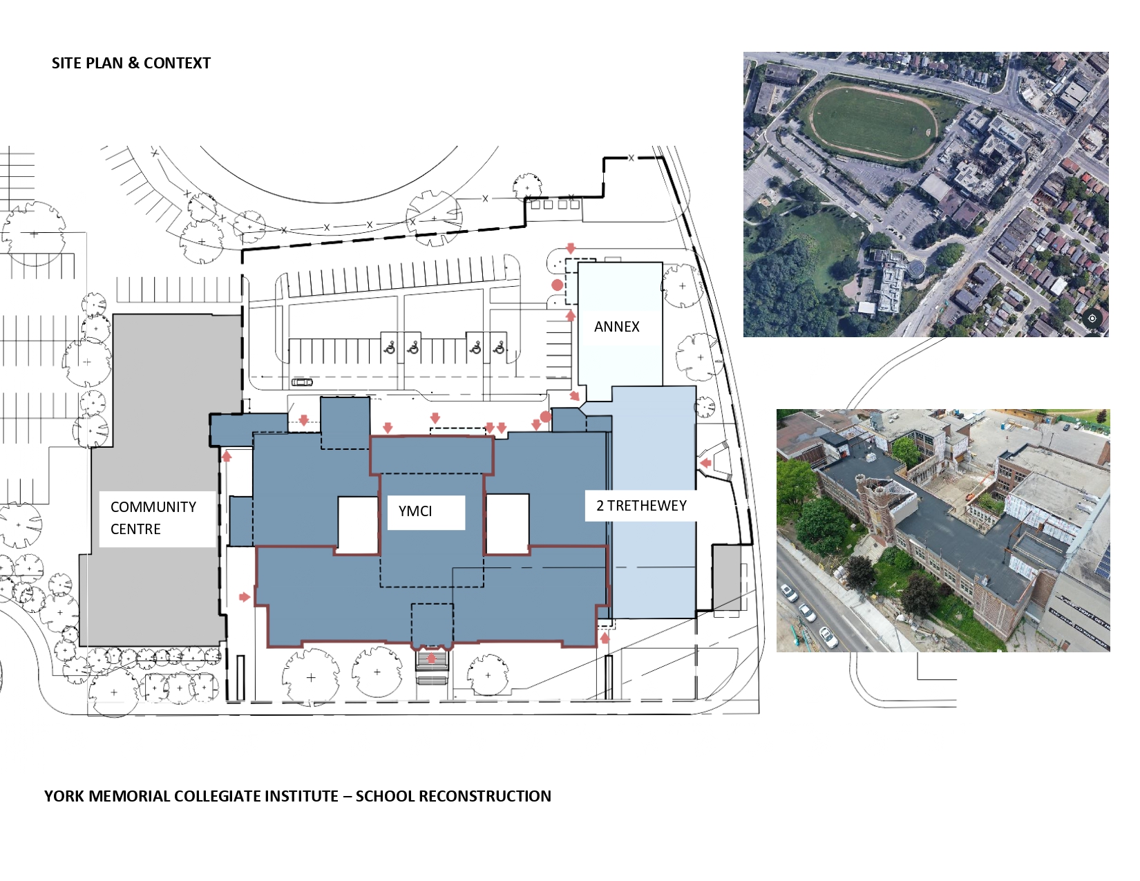Architectural site plan looking down from above depicting the school & adjacent spaces. Open Gallery