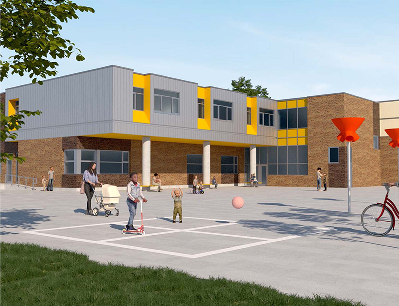 Exterior rendering depicting the classroom & childcare addition looking from the courtyard Open Gallery