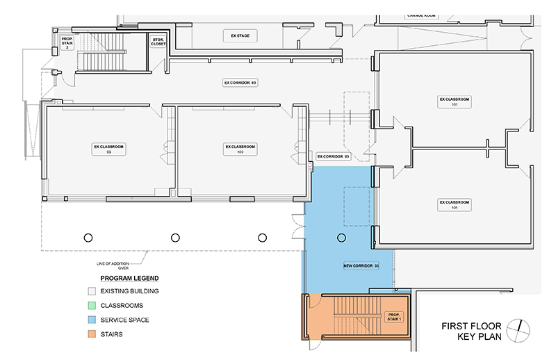 Architectural first floor plan looking down from above depicting instructional & operations spaces situated on the first floor after the project is completed. Open Gallery