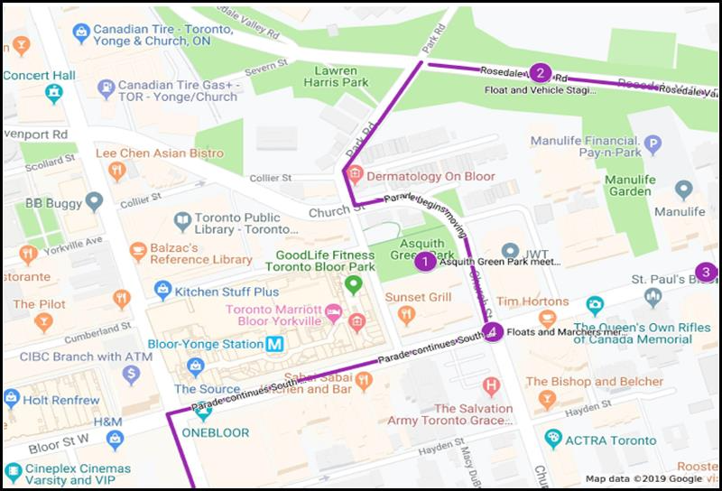 Parade route map. Indicates the locations of the street names and parks mentioned in the bullet points above
