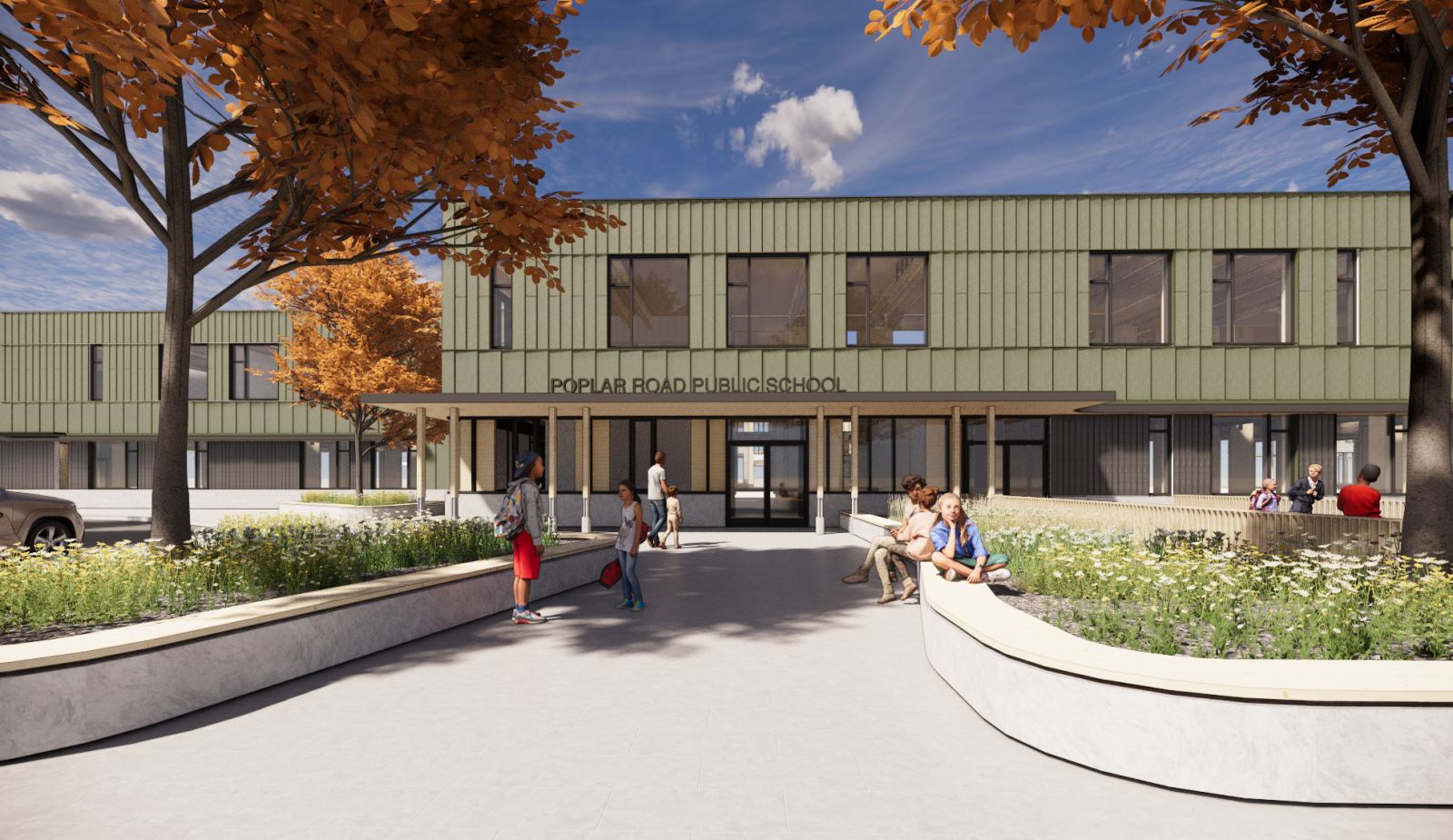 Exterior rendering depicting building entrance looking from the entrance plaza 