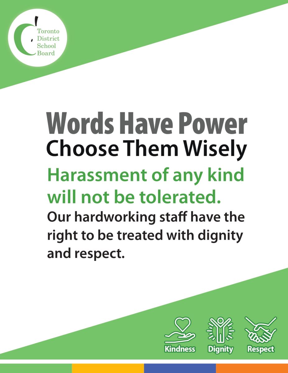A poster with the following message: Words Have Power Choose Them Wisely Harassment of any kind will not be tolerated.
