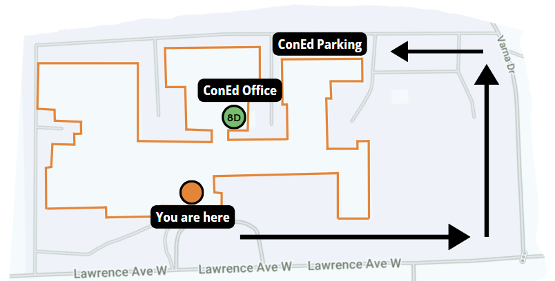 Directional arrows around John Polanyi Collegiate Institute guiding learners to the Continuing Education Office at the back of the building in room 8D