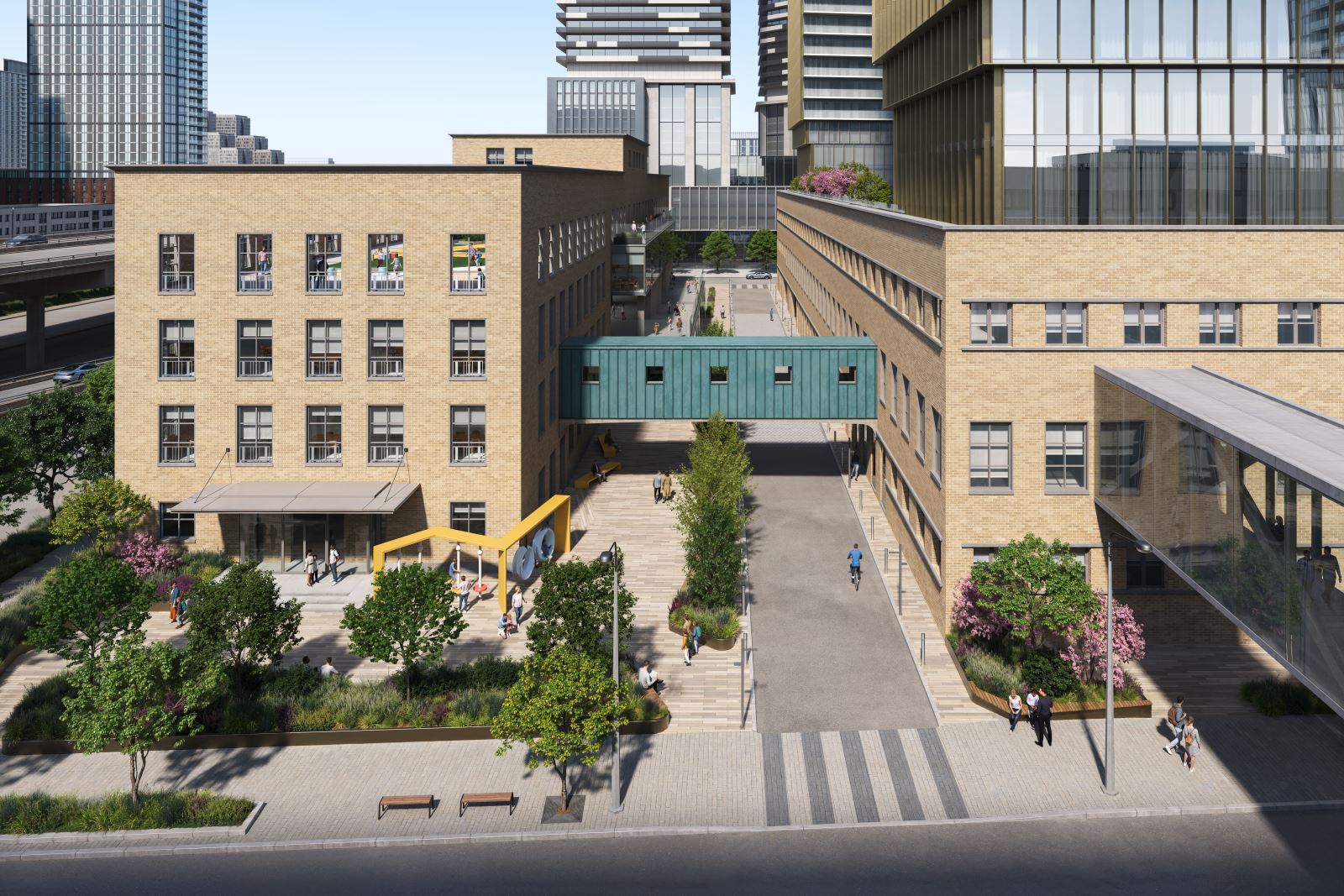 Exterior rendering of Block 4 podium, showing the west elevation. The image highlights the school housed in the repurposed former LCBO Headquarters on Lake Shore Boulevard East, connected to the mixed-use complex via a preserved heritage bridge