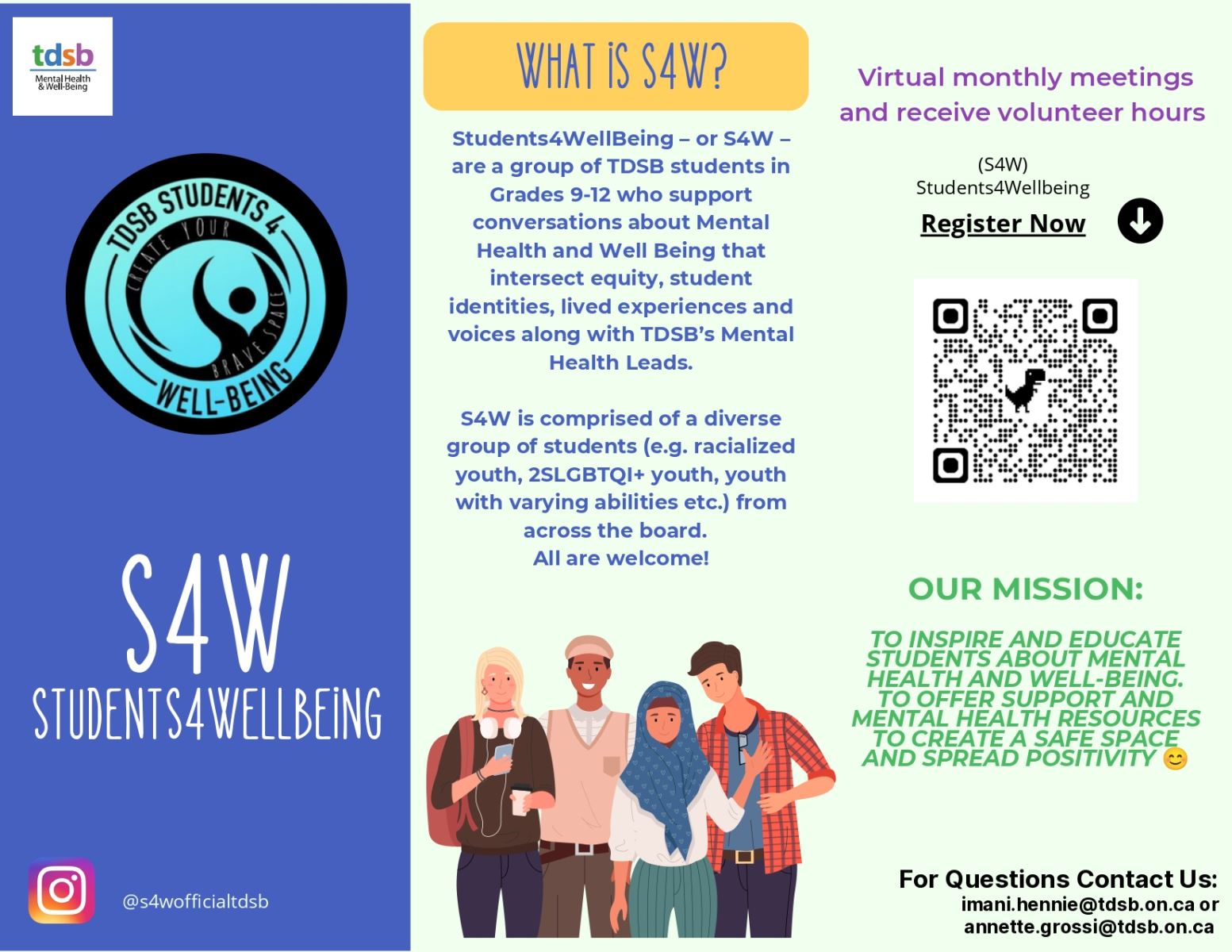 Students4WellBeing flyer: students are invited to join virtual monthly meetings and earn volunteer hours. All are welcome. Registration link below.