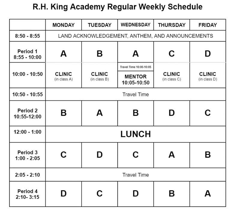 R.H King Academy Weekly Schedule