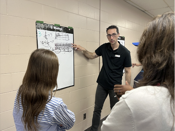Educator using white board to explain concept to two students