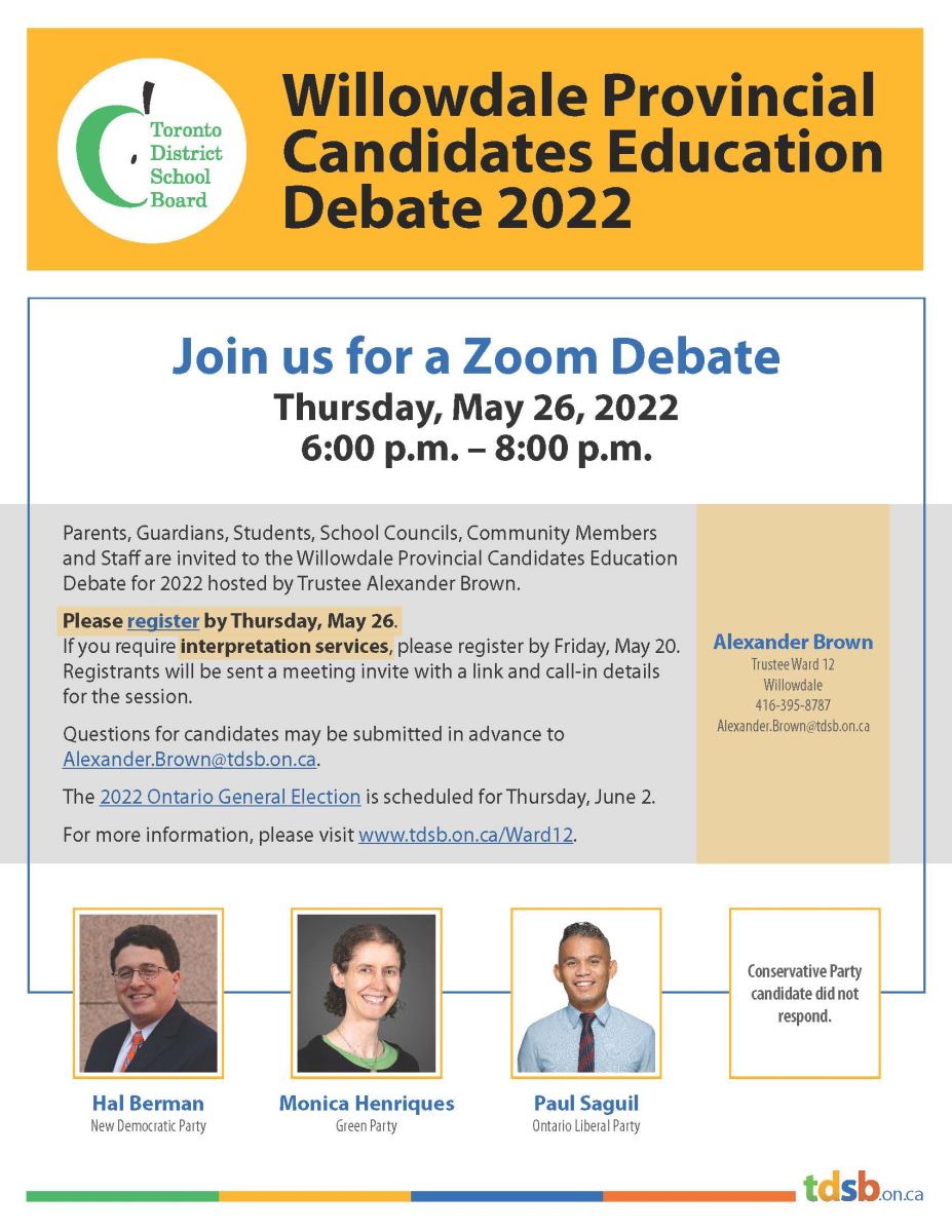 Willowdale Provincial Candidates Education Debate 2022 - May 26 at 6:00pm
