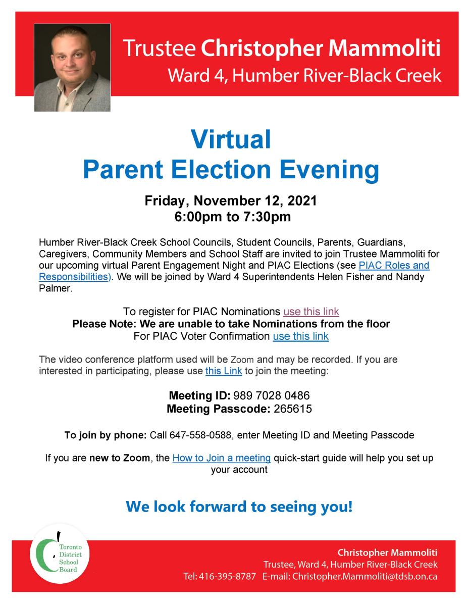 Ward 4 Virtual Parent Election on Friday, November 12, 2021 from 6:00 pm to 7:30 pm