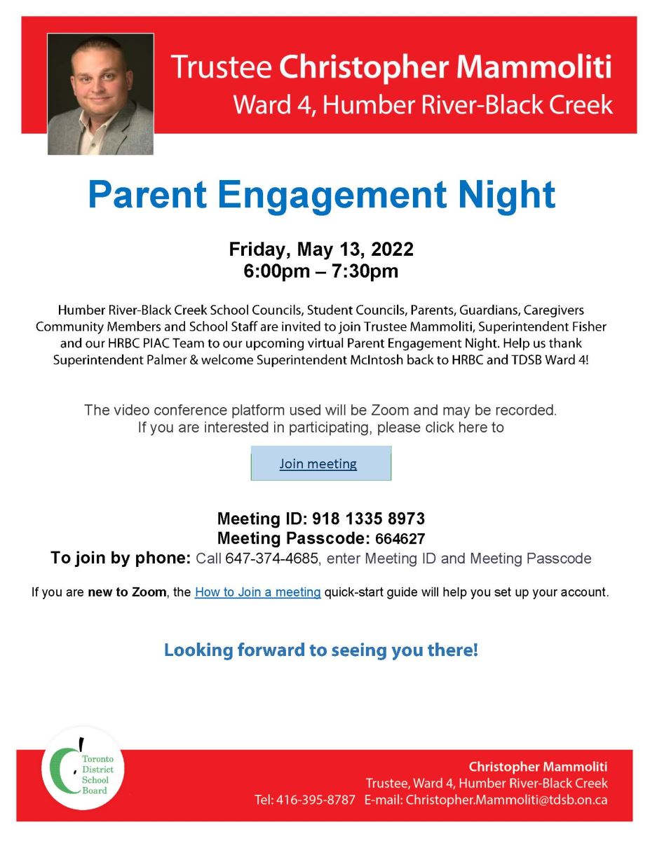 Ward 4 Virtual Parent Engagement Night on Friday, May 13, 2022, 6:00 to 7:00 pm 